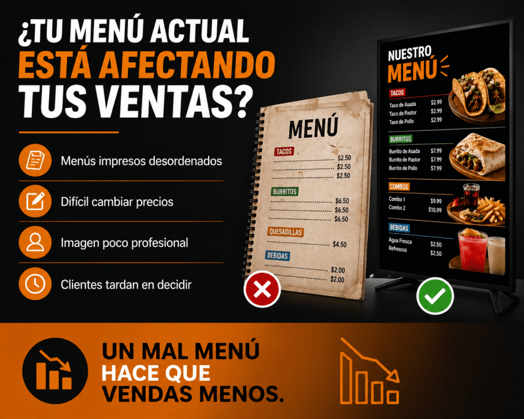 Menú digital para TV en restaurante en McAllen Texas que aumenta ventas con diseño moderno
