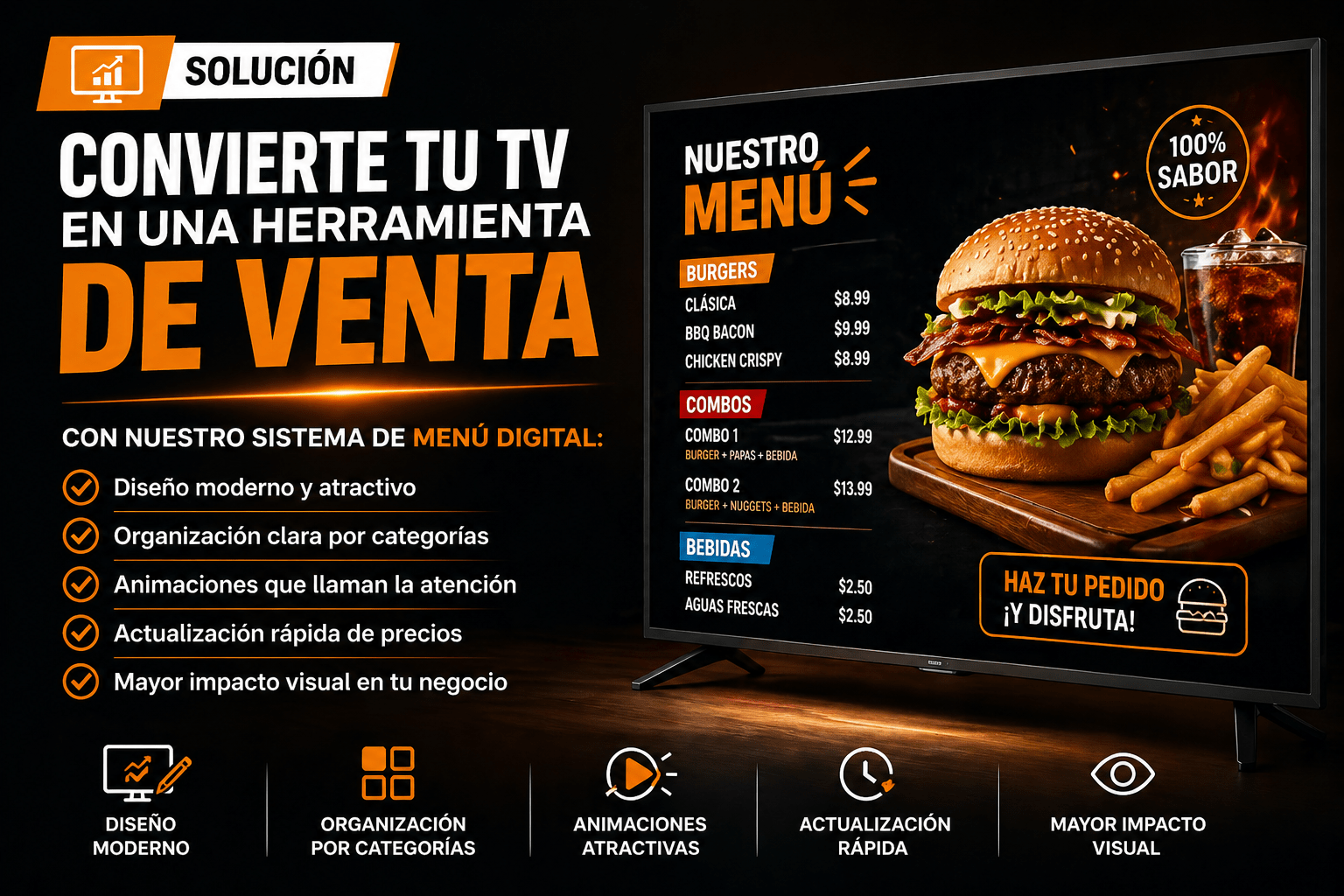 Sistema de menú digital para TV en restaurante que aumenta ventas con diseño moderno en McAllen Texas
