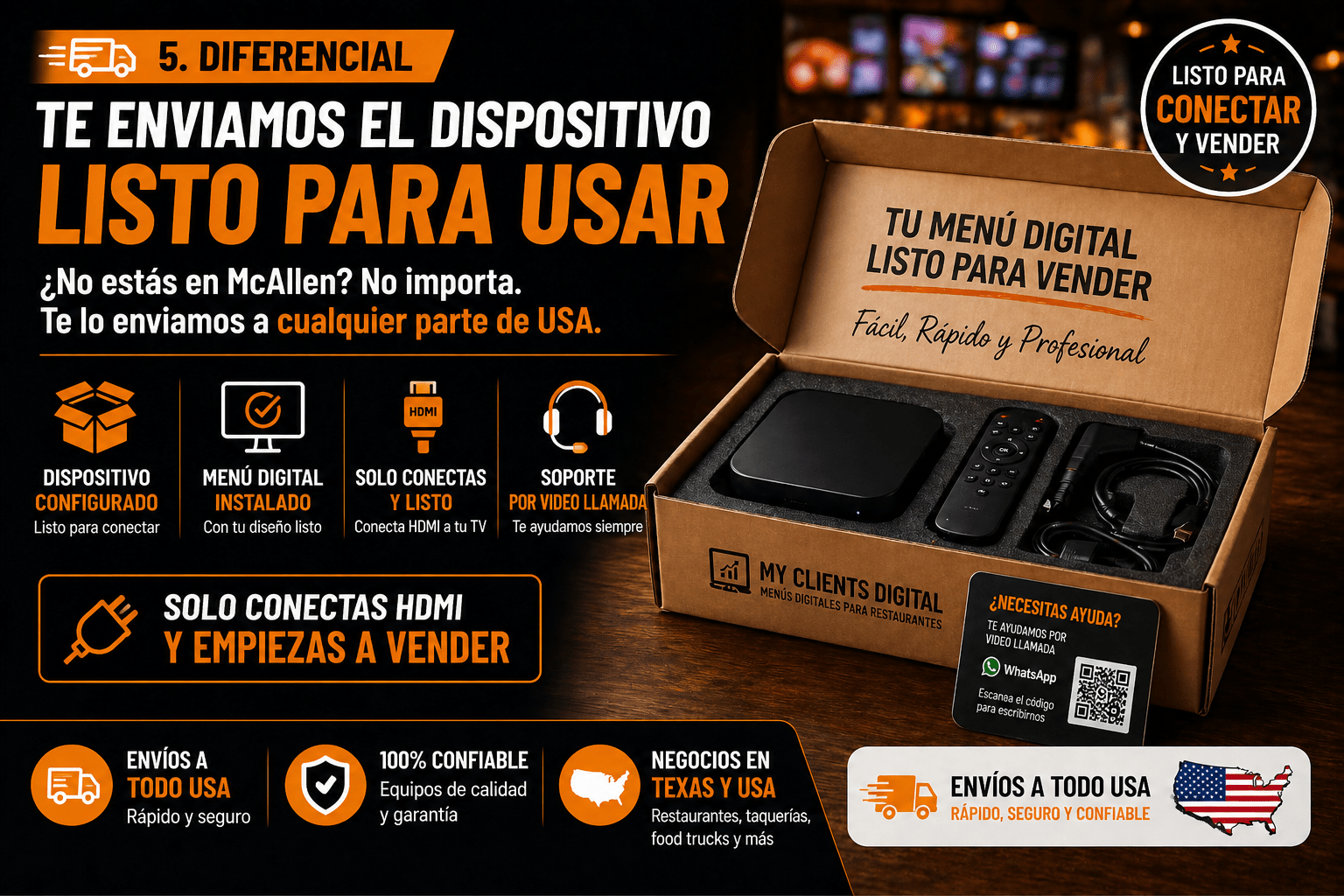 Dispositivo de menú digital para TV listo para conectar en restaurante con envío a todo Estados Unidos desde McAllen Texas