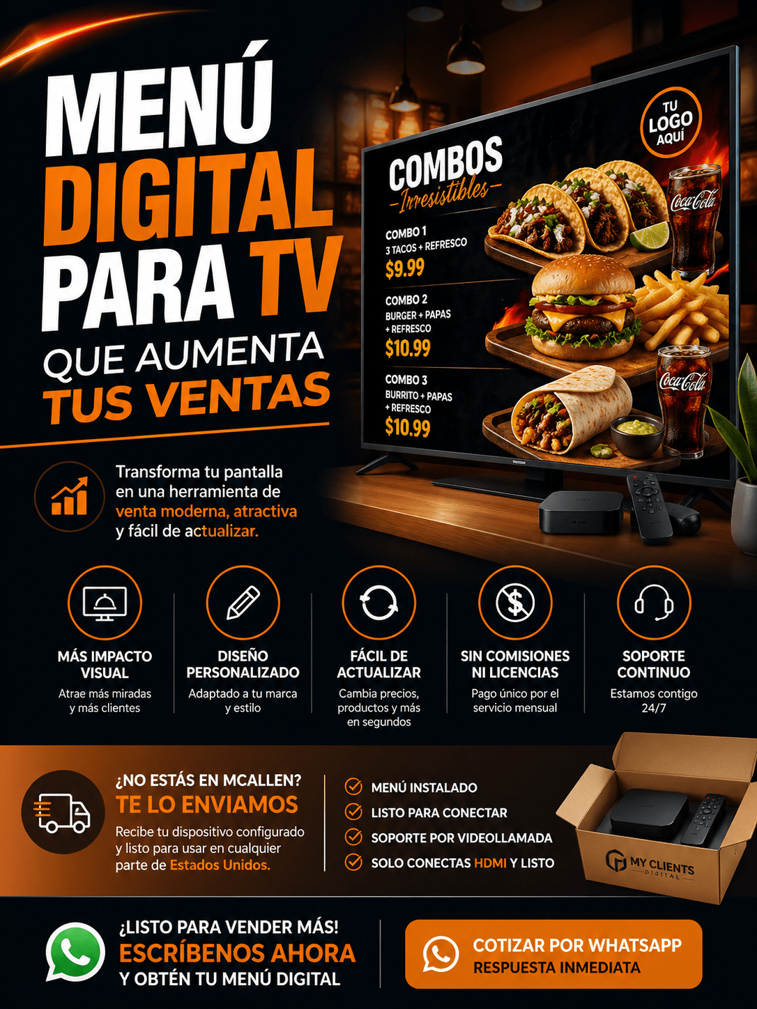 Menú digital para TV en restaurante en McAllen Texas con diseño moderno que aumenta ventas